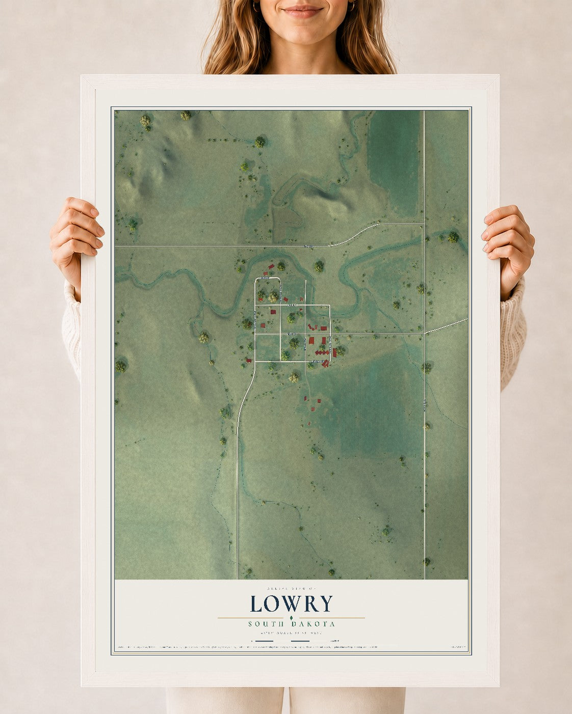 Map of Lowry, South Dakota, 24 x 36 inch print in a white wood frame