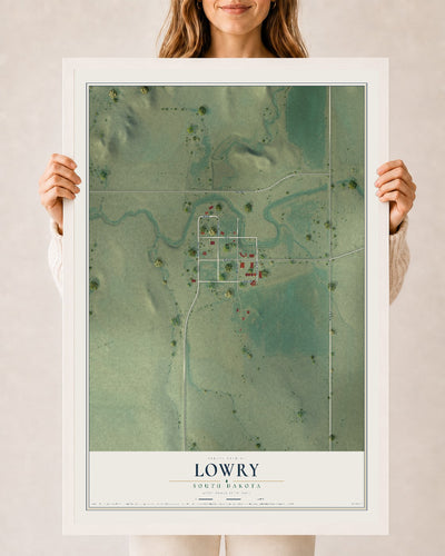Map of Lowry, South Dakota, 24 x 36 inch print in a white wood frame
