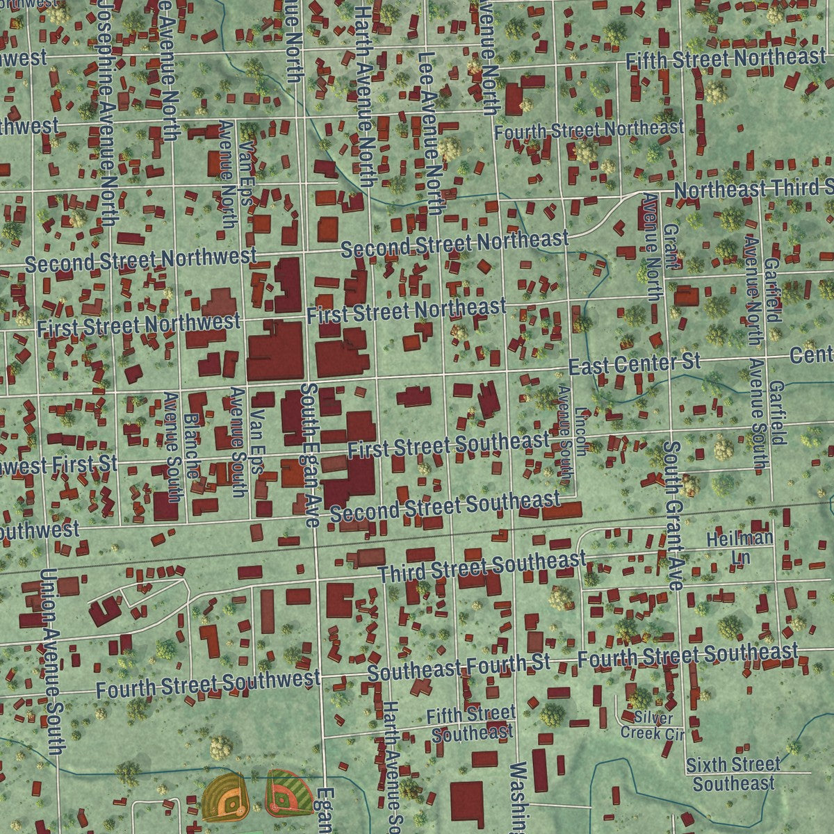 Close-up of the map of Madison, South Dakota print showing street and building detail