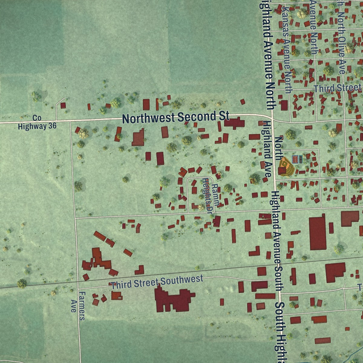Second close-up of the map of Madison, South Dakota print showing more streets and buildings