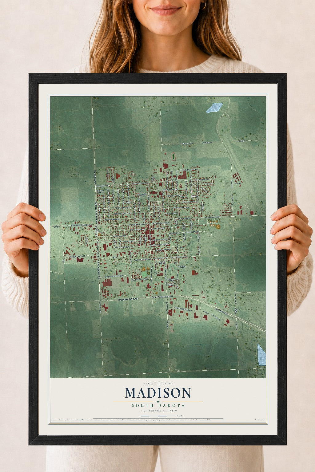 Map of Madison, South Dakota, 18 x 24 inch print in a black wood frame