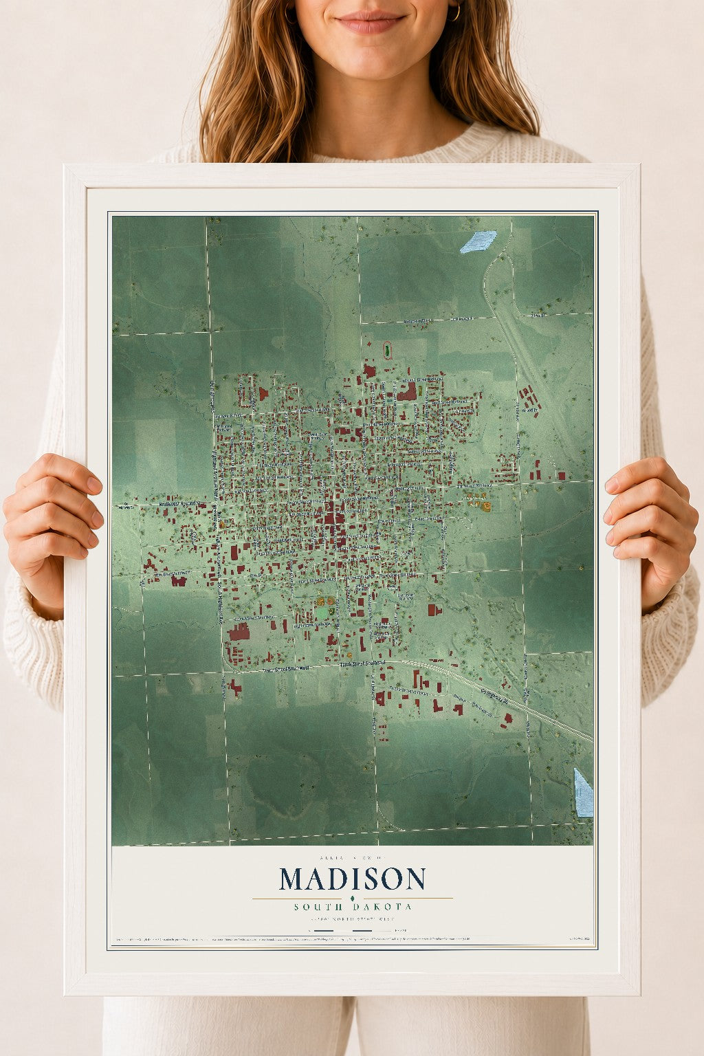 Map of Madison, South Dakota, 18 x 24 inch print in a white wood frame