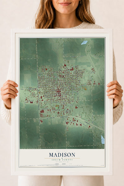 Map of Madison, South Dakota, 18 x 24 inch print in a white wood frame