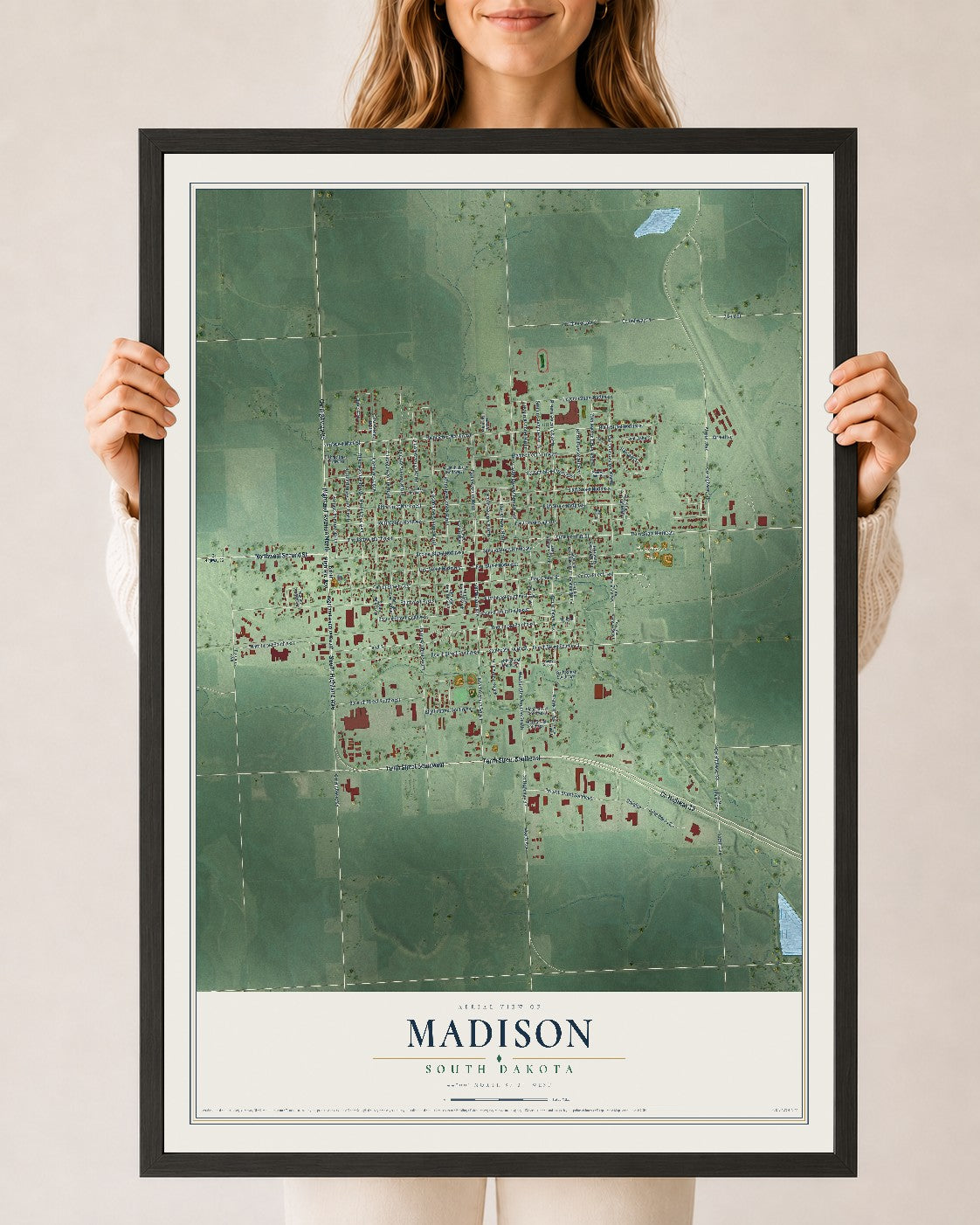 Map of Madison, South Dakota, 24 x 36 inch print in a black wood frame