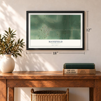 Mansfield, South Dakota map, 12 x 18 inch print in a black frame in an entryway