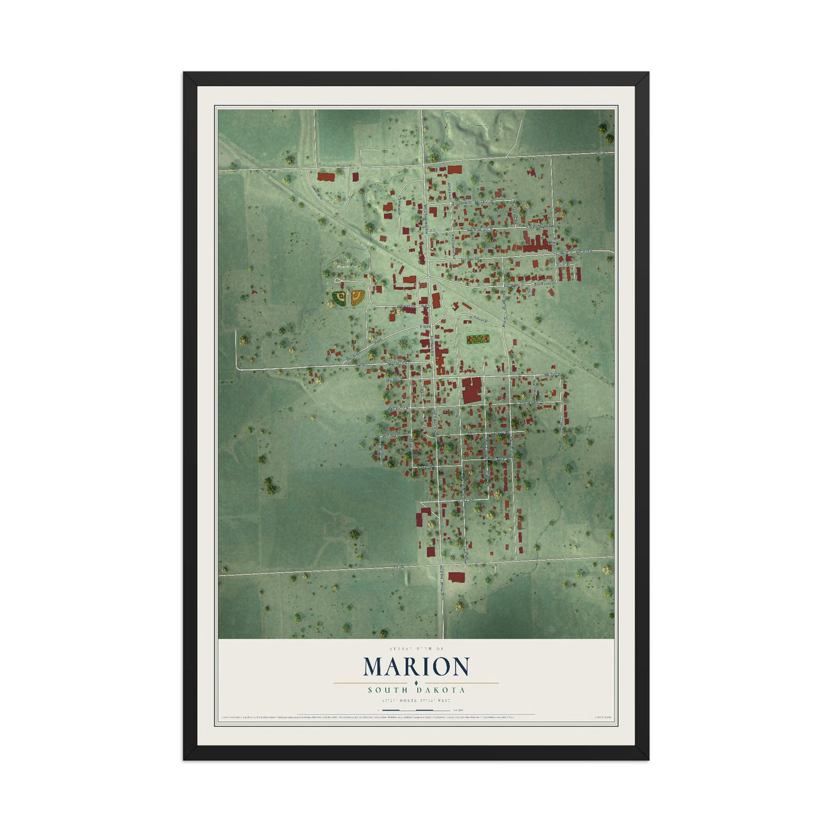Map of Marion, South Dakota, 12 x 18 inch print in a black wood frame