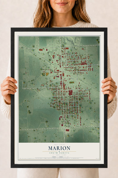Map of Marion, South Dakota, 18 x 24 inch print in a black wood frame