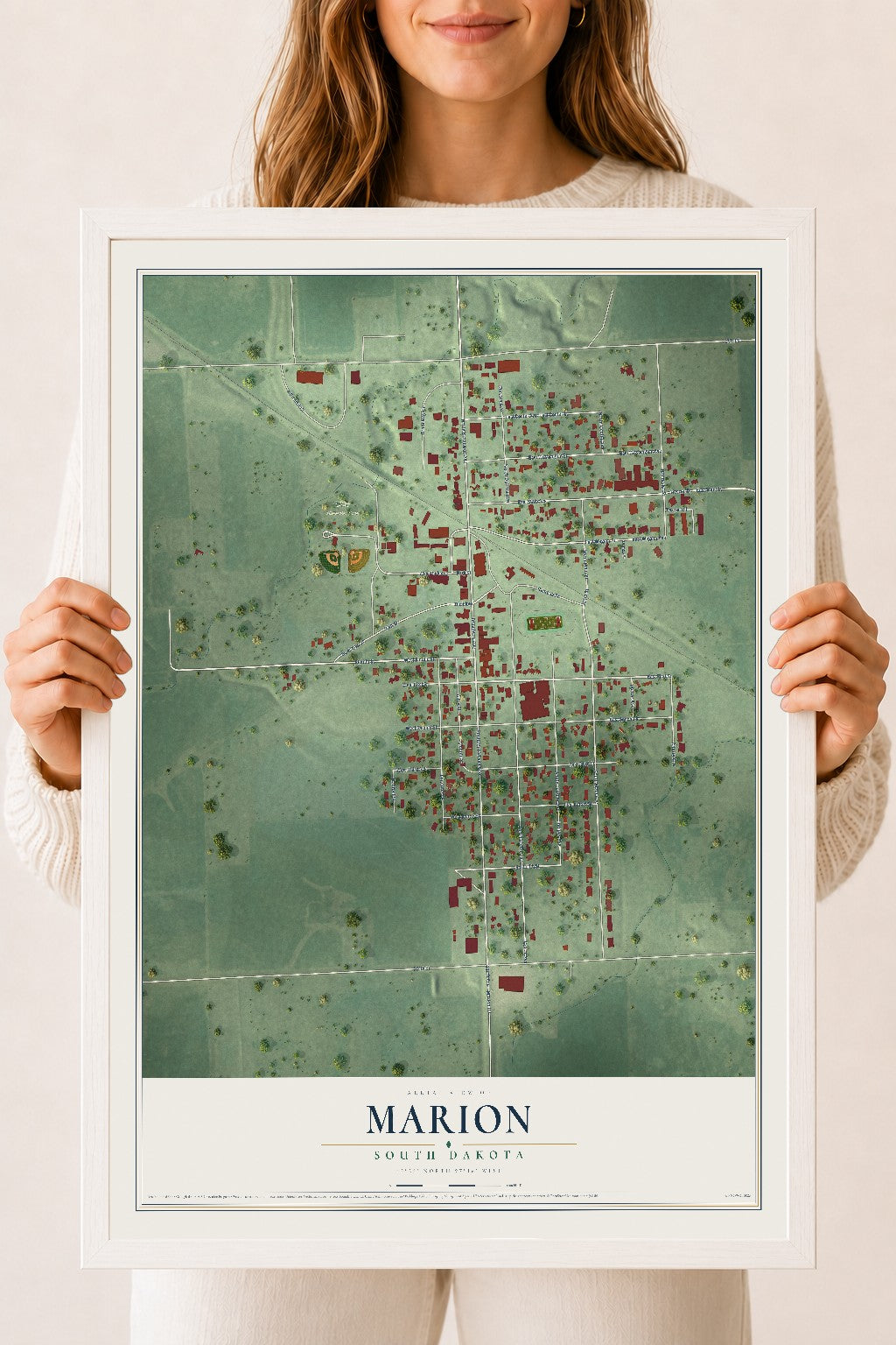 Map of Marion, South Dakota, 18 x 24 inch print in a white wood frame