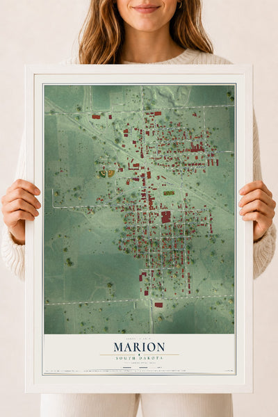 Map of Marion, South Dakota, 18 x 24 inch print in a white wood frame