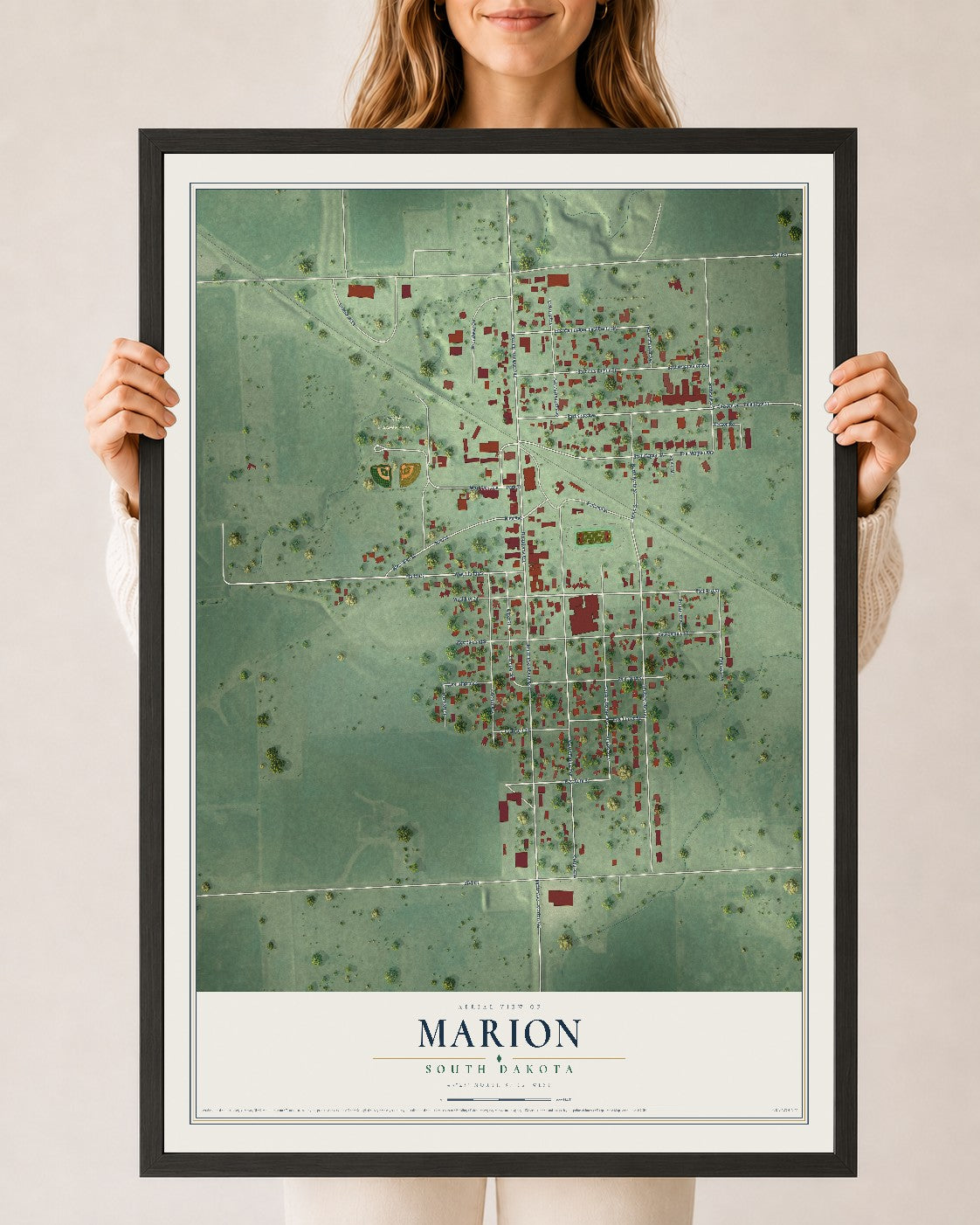 Map of Marion, South Dakota, 24 x 36 inch print in a black wood frame
