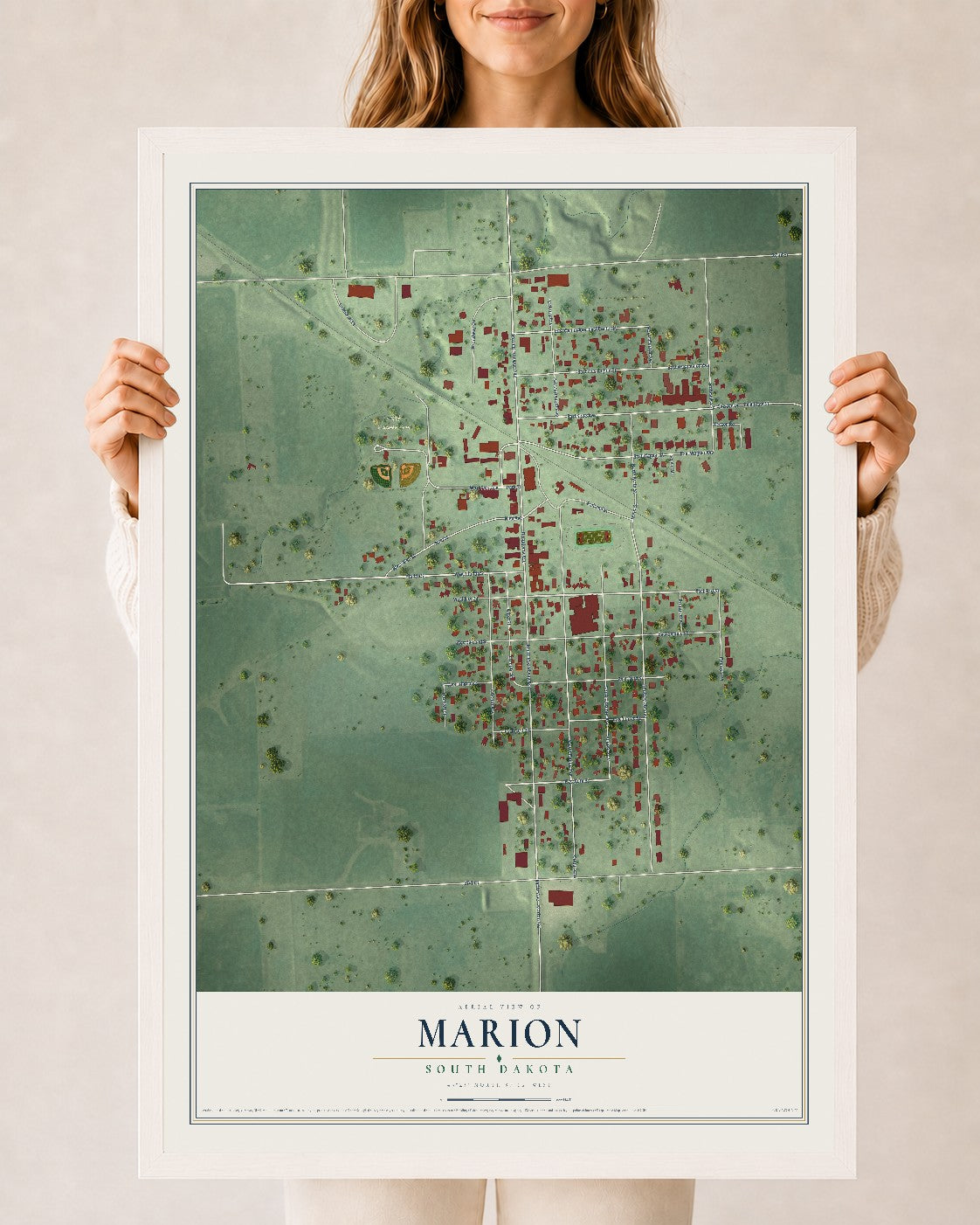 Map of Marion, South Dakota, 24 x 36 inch print in a white wood frame