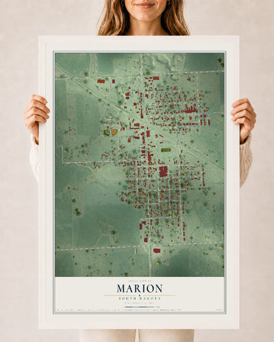 Map of Marion, South Dakota, 24 x 36 inch print in a white wood frame