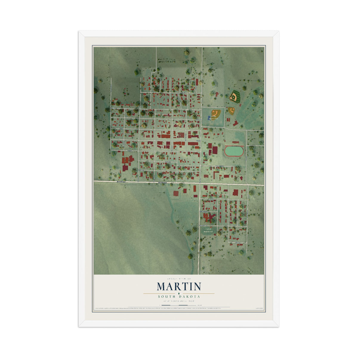 Map of Martin, South Dakota, 12 x 18 inch print in a white wood frame