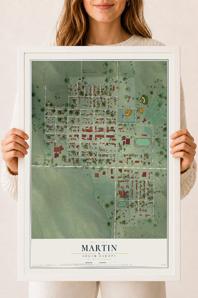 Map of Martin, South Dakota, 18 x 24 inch print in a white wood frame