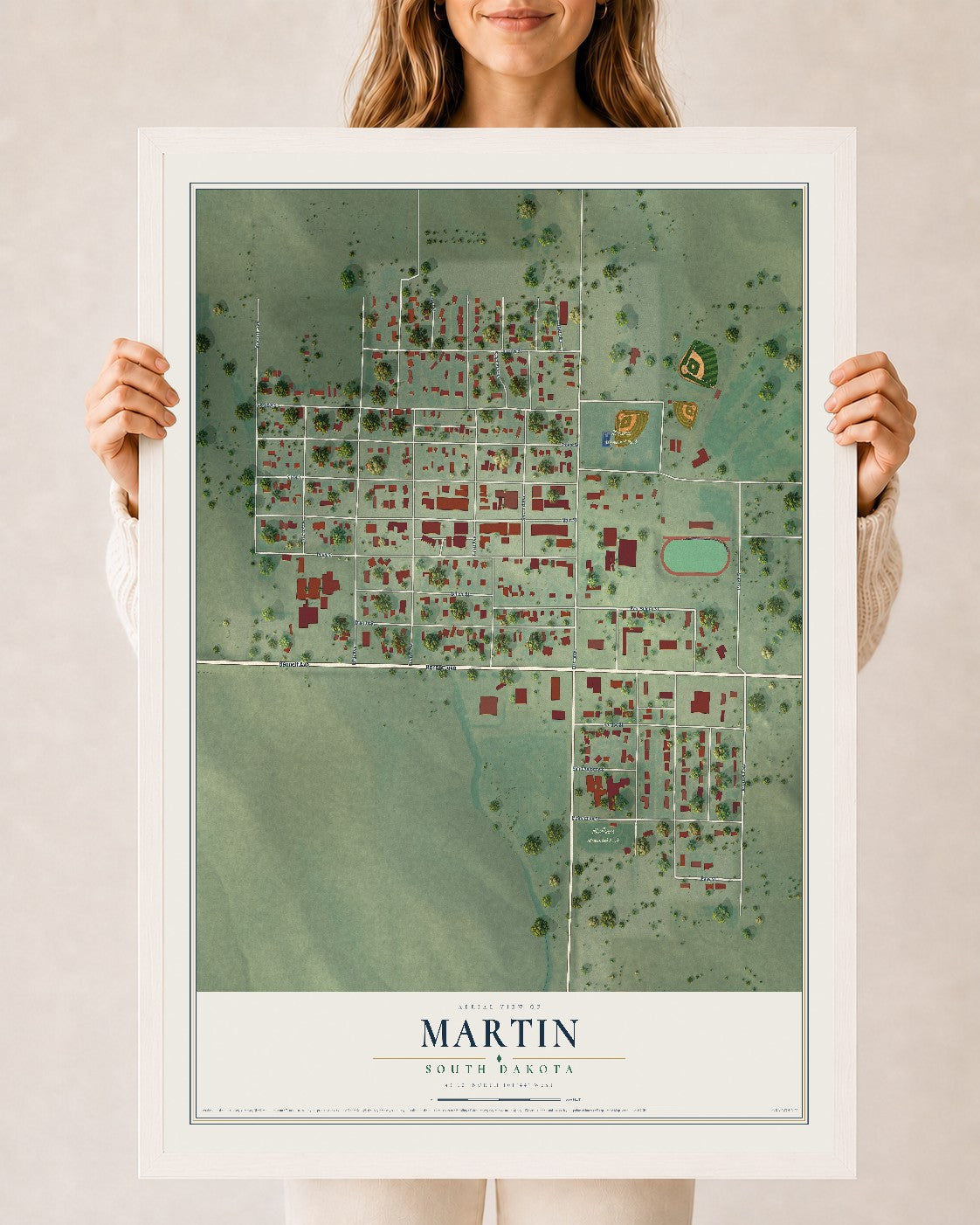 Map of Martin, South Dakota, 24 x 36 inch print in a white wood frame
