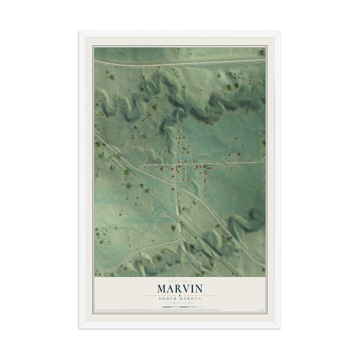 Map of Marvin, South Dakota, 12 x 18 inch print in a white wood frame