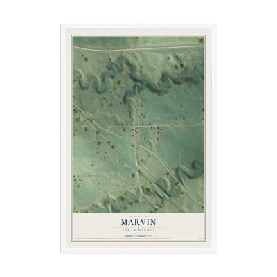 Map of Marvin, South Dakota, 12 x 18 inch print in a white wood frame