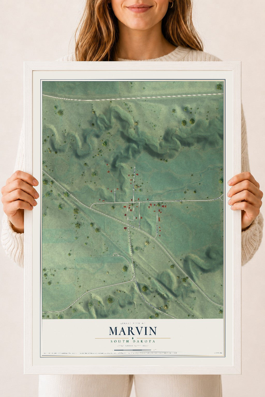 Map of Marvin, South Dakota, 18 x 24 inch print in a white wood frame