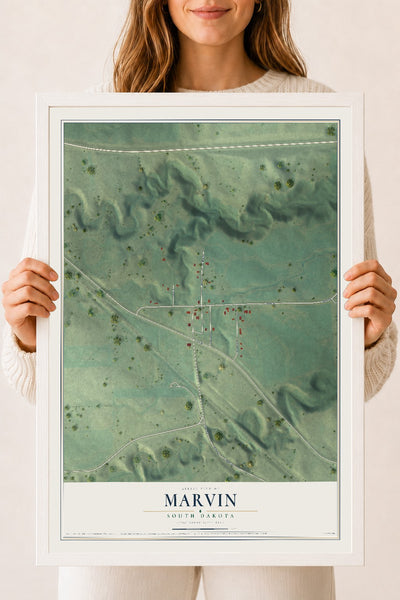 Map of Marvin, South Dakota, 18 x 24 inch print in a white wood frame