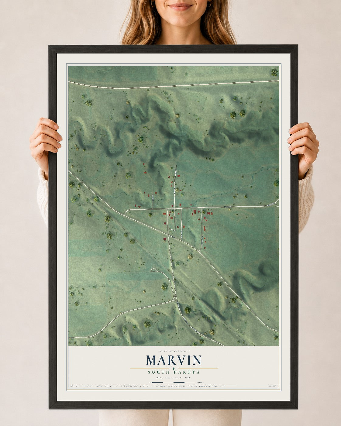 Map of Marvin, South Dakota, 24 x 36 inch print in a black wood frame