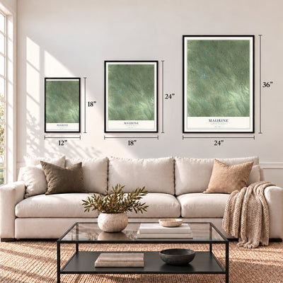 Maurine, South Dakota map in 12 x 18, 18 x 24 and 24 x 36 inch sizes above a sofa