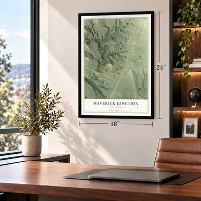 Maverick Junction, South Dakota map, 18 x 24 inch print in a black frame in a home office
