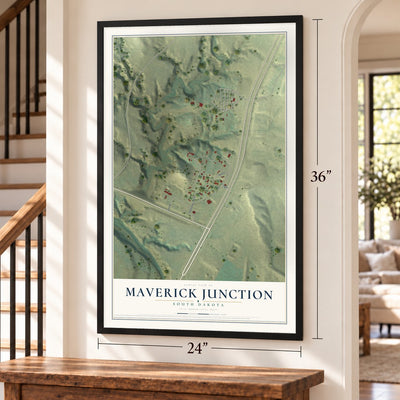 Maverick Junction, South Dakota map, 24 x 36 inch print in a black frame by a staircase