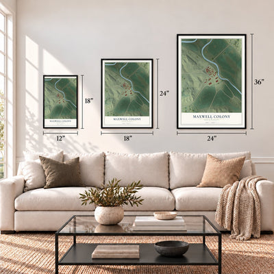Maxwell Colony, South Dakota map in 12 x 18, 18 x 24 and 24 x 36 inch sizes above a sofa