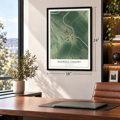 Maxwell Colony, South Dakota map, 18 x 24 inch print in a black frame in a home office
