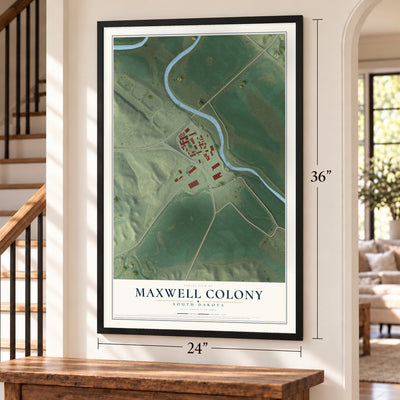Maxwell Colony, South Dakota map, 24 x 36 inch print in a black frame by a staircase