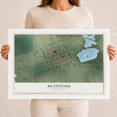 Map of McIntosh, South Dakota, 12 x 18 inch print in a white wood frame
