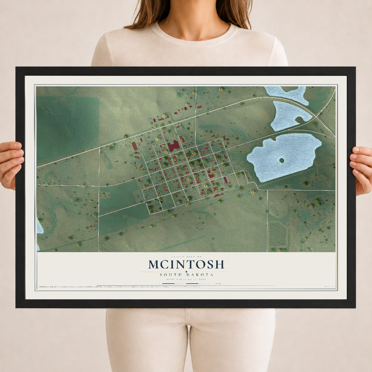 Map of McIntosh, South Dakota, 18 x 24 inch print in a black wood frame
