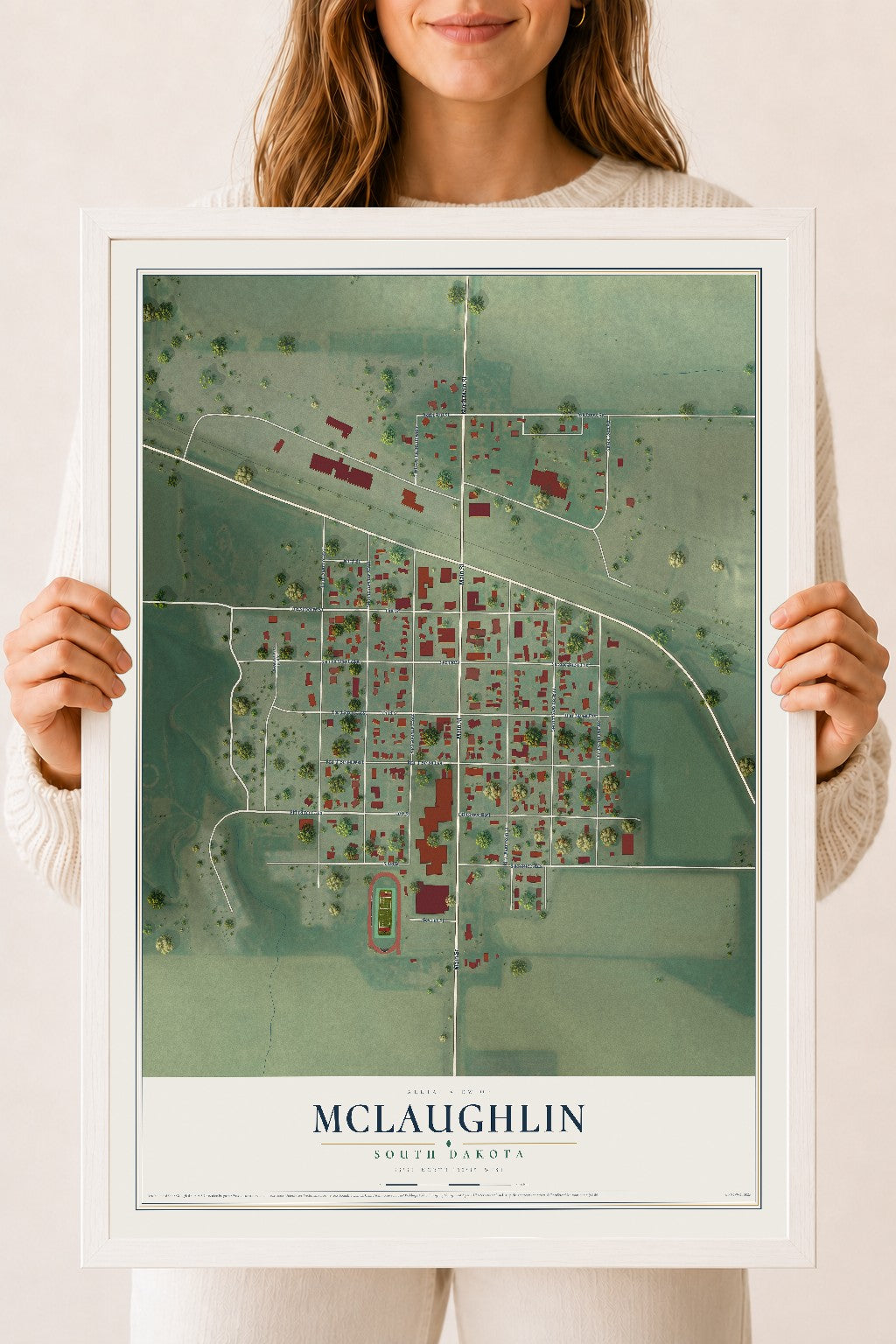 Map of McLaughlin, South Dakota, 18 x 24 inch print in a white wood frame