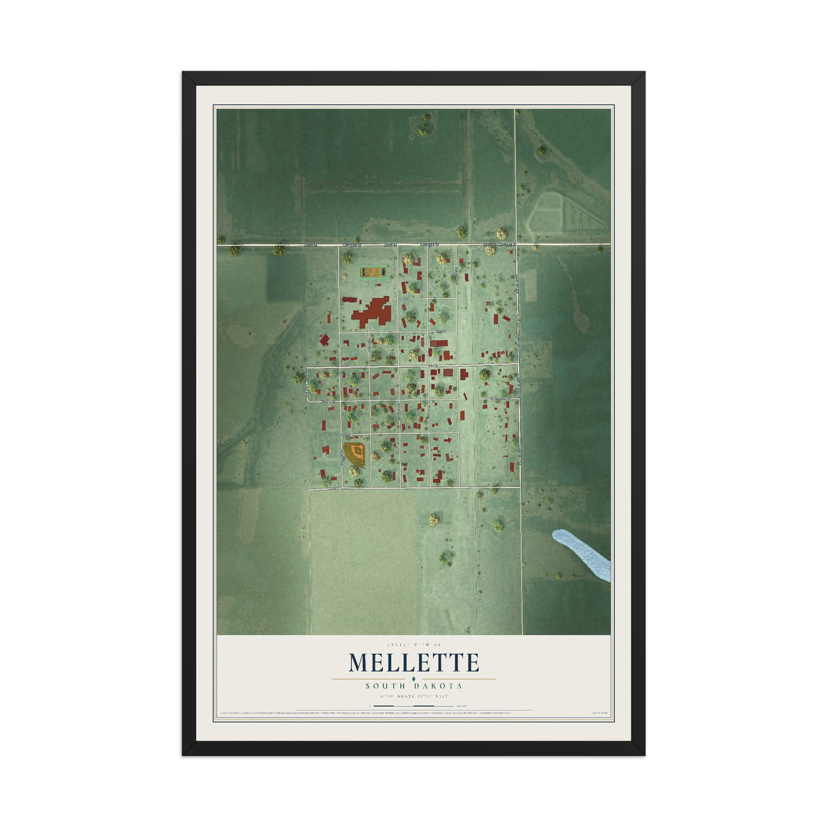 Map of Mellette, South Dakota, 12 x 18 inch print in a black wood frame