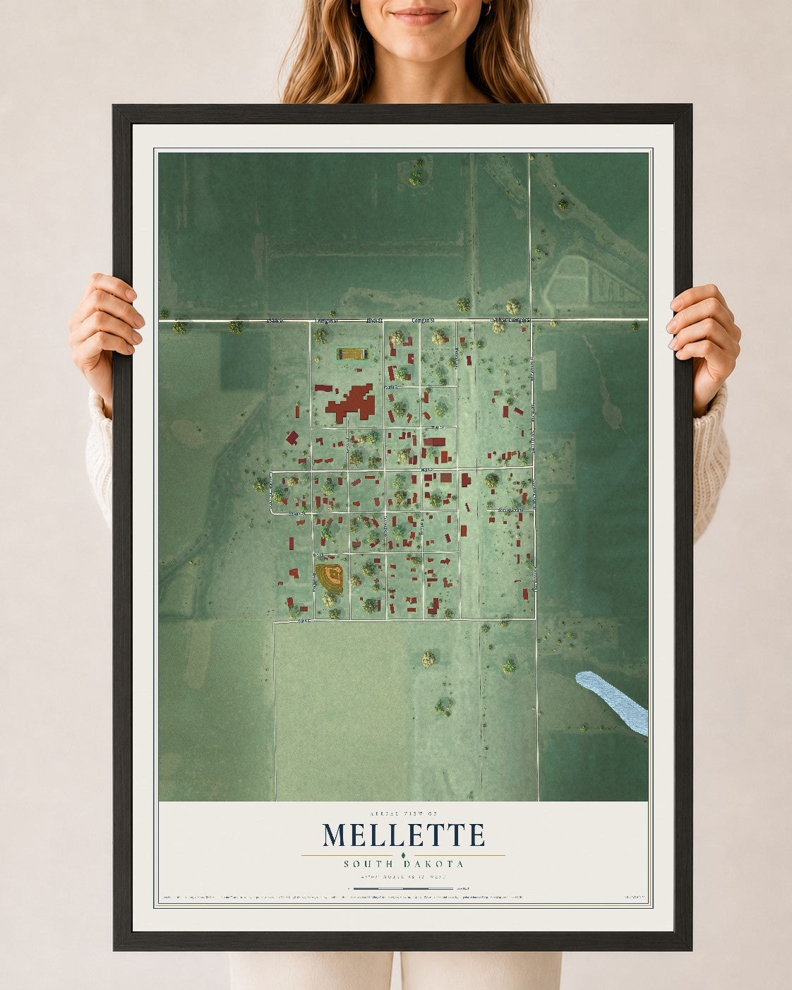 Map of Mellette, South Dakota, 24 x 36 inch print in a black wood frame