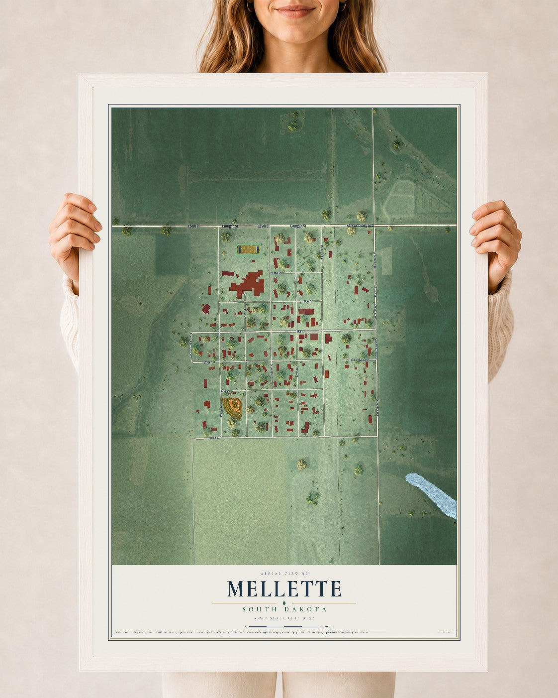 Map of Mellette, South Dakota, 24 x 36 inch print in a white wood frame