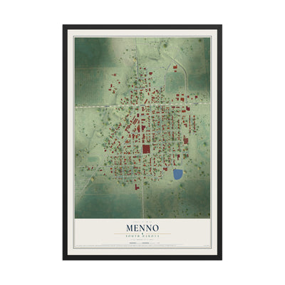 Map of Menno, South Dakota, 12 x 18 inch print in a black wood frame