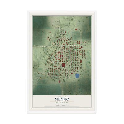 Map of Menno, South Dakota, 12 x 18 inch print in a white wood frame