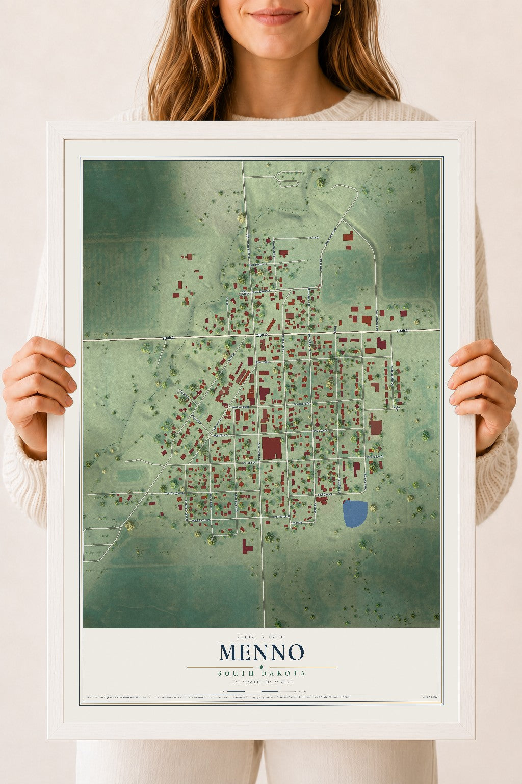 Map of Menno, South Dakota, 18 x 24 inch print in a white wood frame