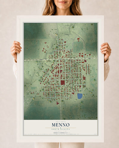 Map of Menno, South Dakota, 24 x 36 inch print in a white wood frame