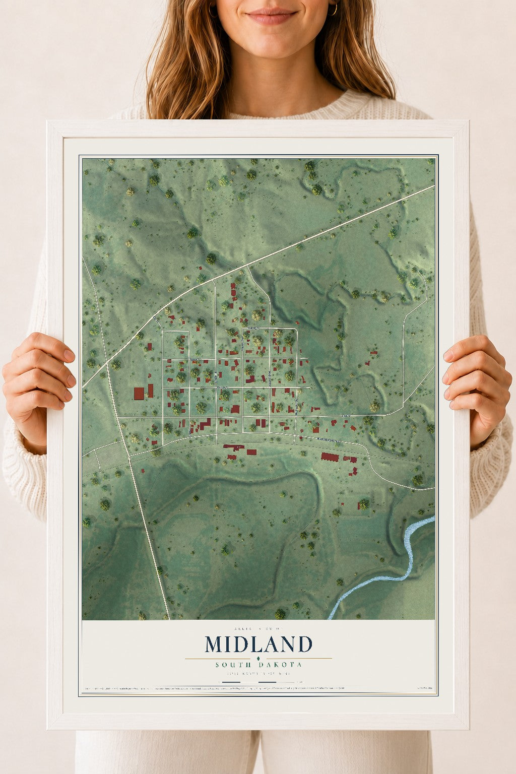 Map of Midland, South Dakota, 18 x 24 inch print in a white wood frame