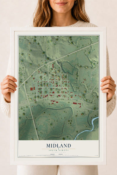 Map of Midland, South Dakota, 18 x 24 inch print in a white wood frame