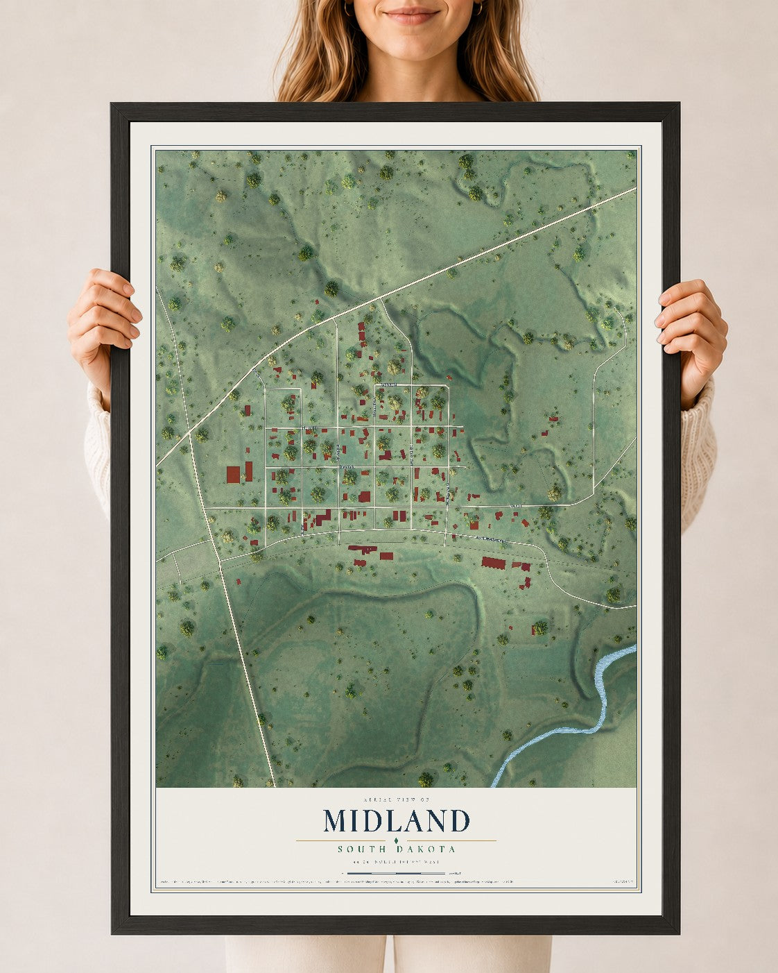 Map of Midland, South Dakota, 24 x 36 inch print in a black wood frame