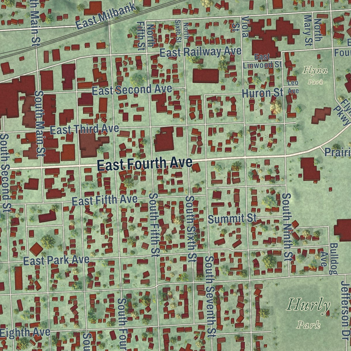 Close-up of the map of Milbank, South Dakota print showing street and building detail