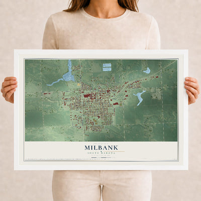 Map of Milbank, South Dakota, 12 x 18 inch print in a white wood frame