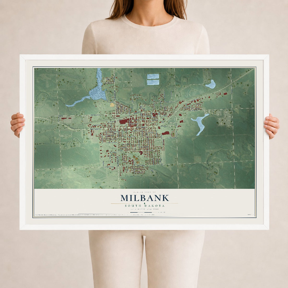 Map of Milbank, South Dakota, 24 x 36 inch print in a white wood frame