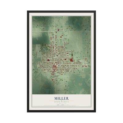 Map of Miller, South Dakota, 12 x 18 inch print in a black wood frame