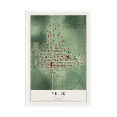 Map of Miller, South Dakota, 12 x 18 inch print in a white wood frame