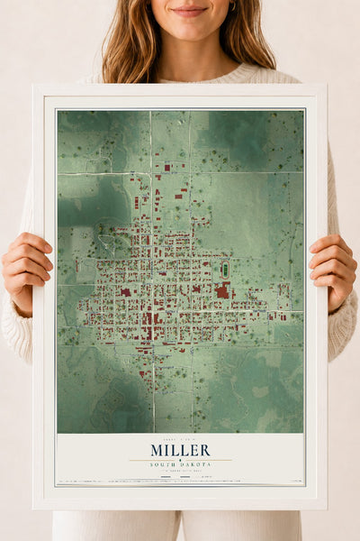 Map of Miller, South Dakota, 18 x 24 inch print in a white wood frame