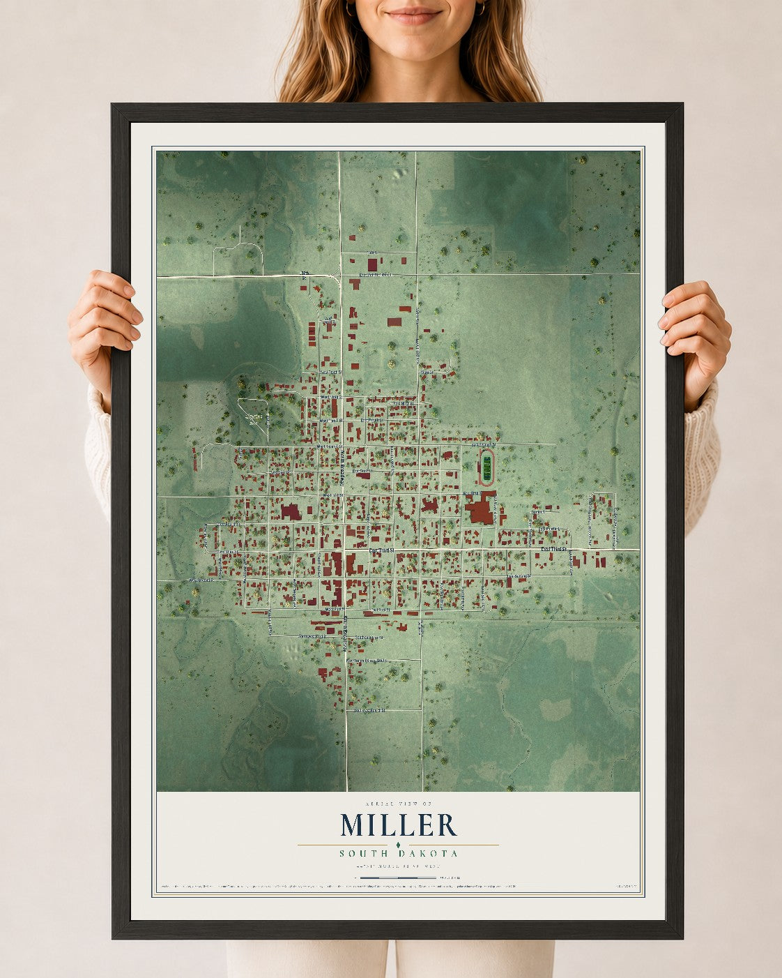 Map of Miller, South Dakota, 24 x 36 inch print in a black wood frame